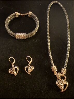 Black Braided Leather Necklace, Bracelet & Heart Earrings Set